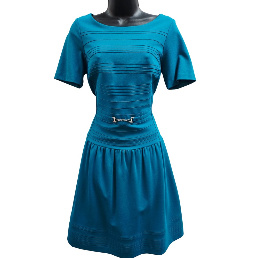 White House Black Market Teal‎ Blue Pintuck Bit Detail Ponte Dress Size 4